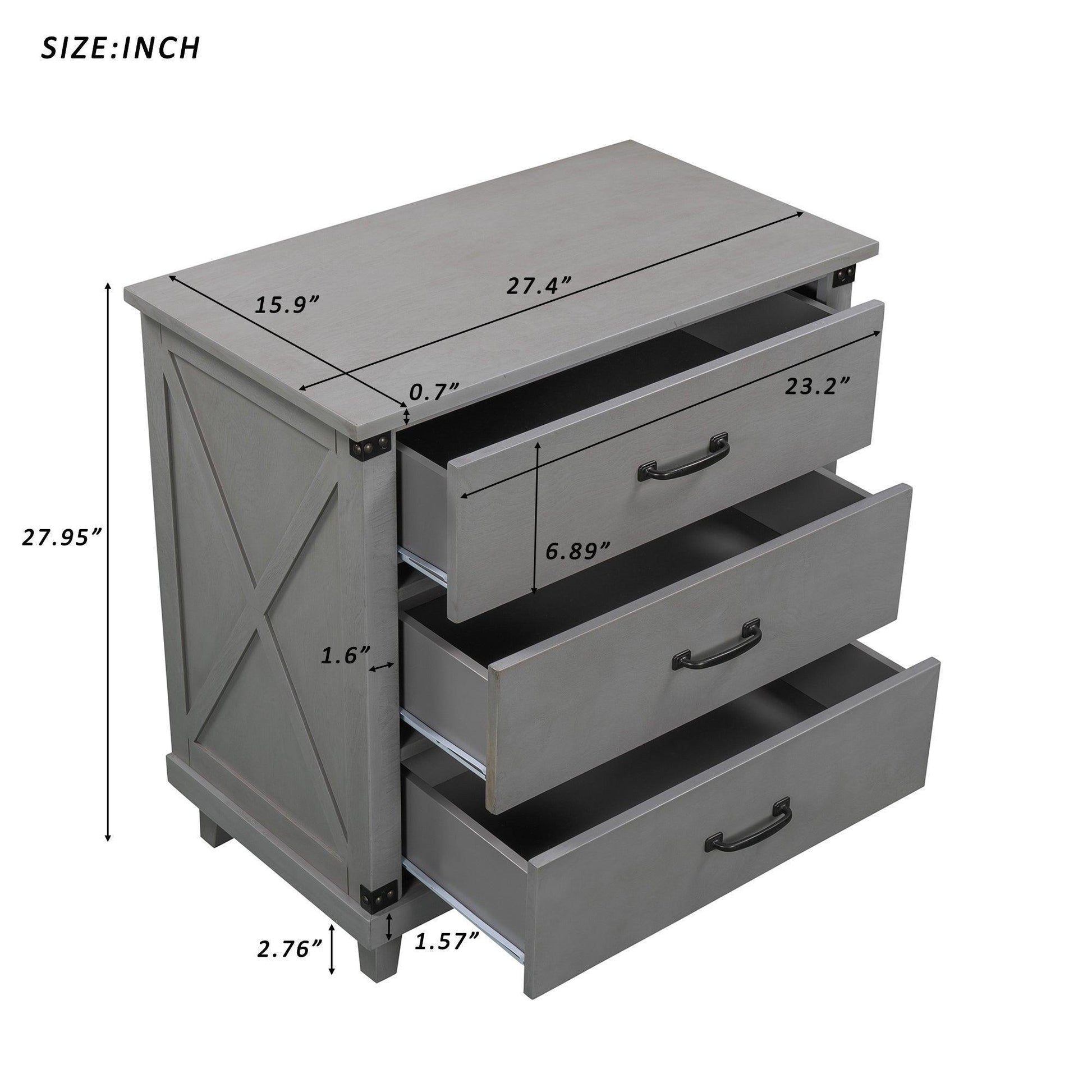 Modern Bedroom Nightstand with 3 Drawers Storage , Gray FredCo