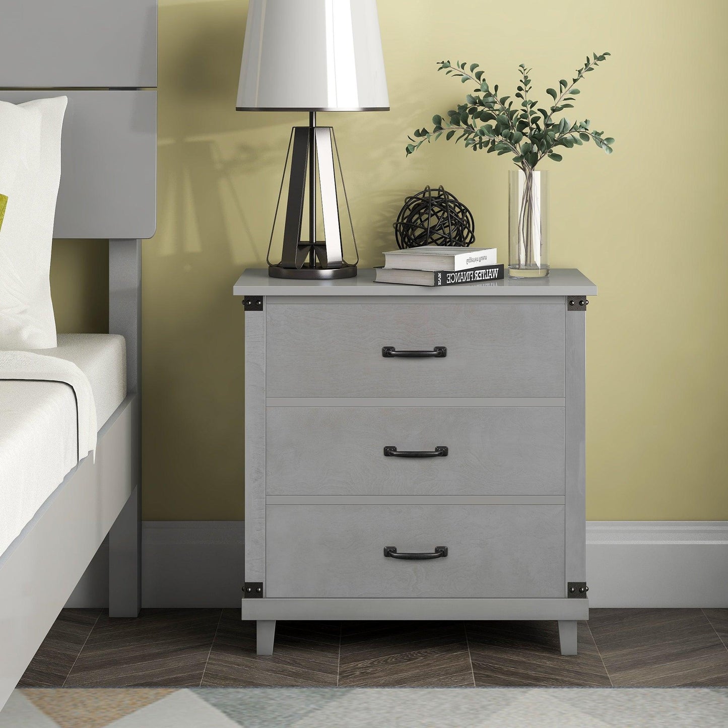 Modern Bedroom Nightstand with 3 Drawers Storage , Gray FredCo