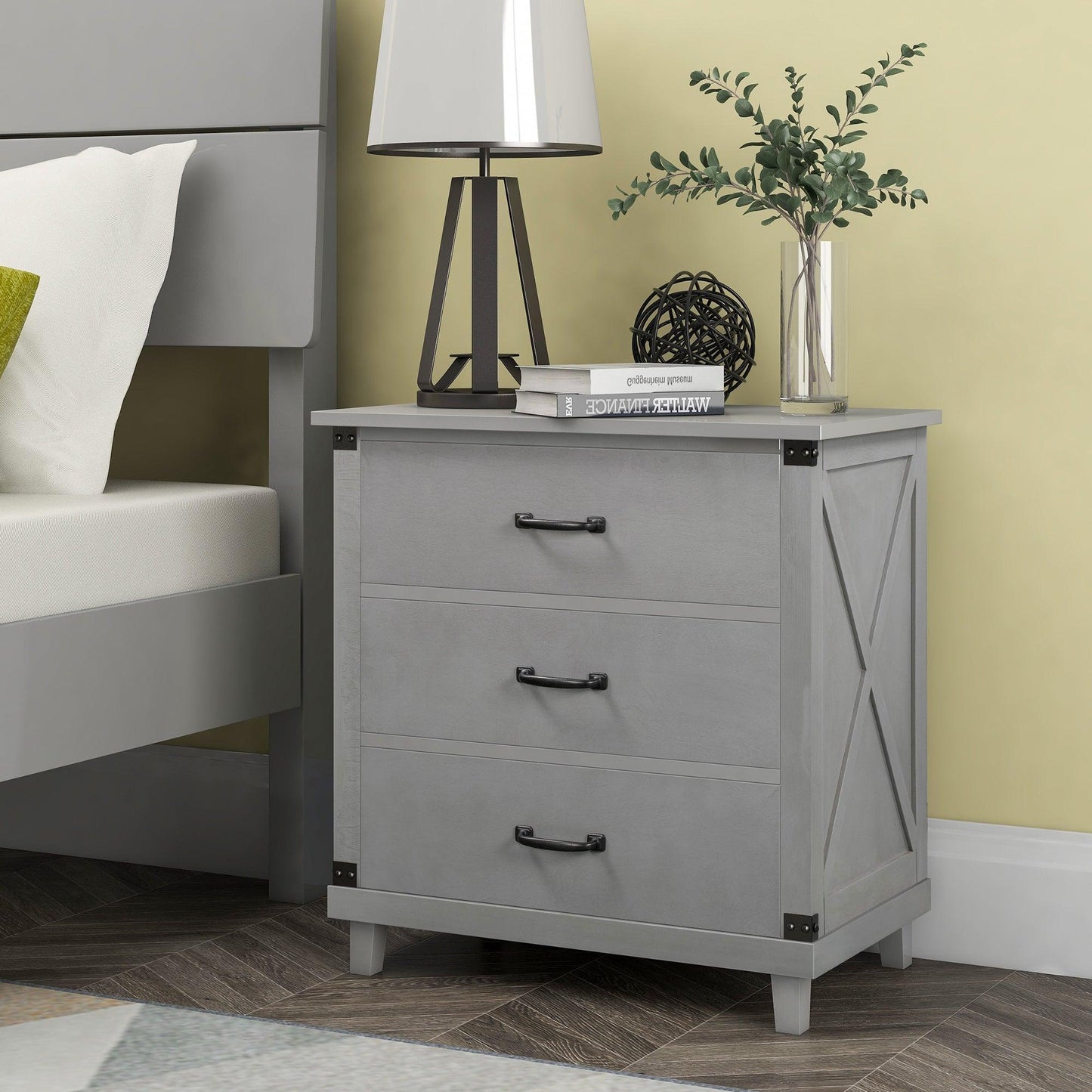 Modern Bedroom Nightstand with 3 Drawers Storage , Gray FredCo