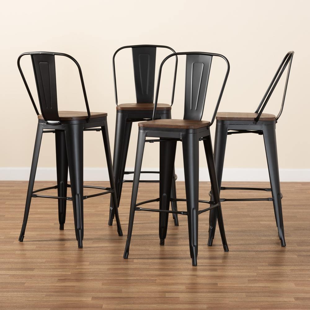 Modern Industrial Black Metal and Walnut Brown Finished Wood 4-Piece Bar Stool Set FredCo