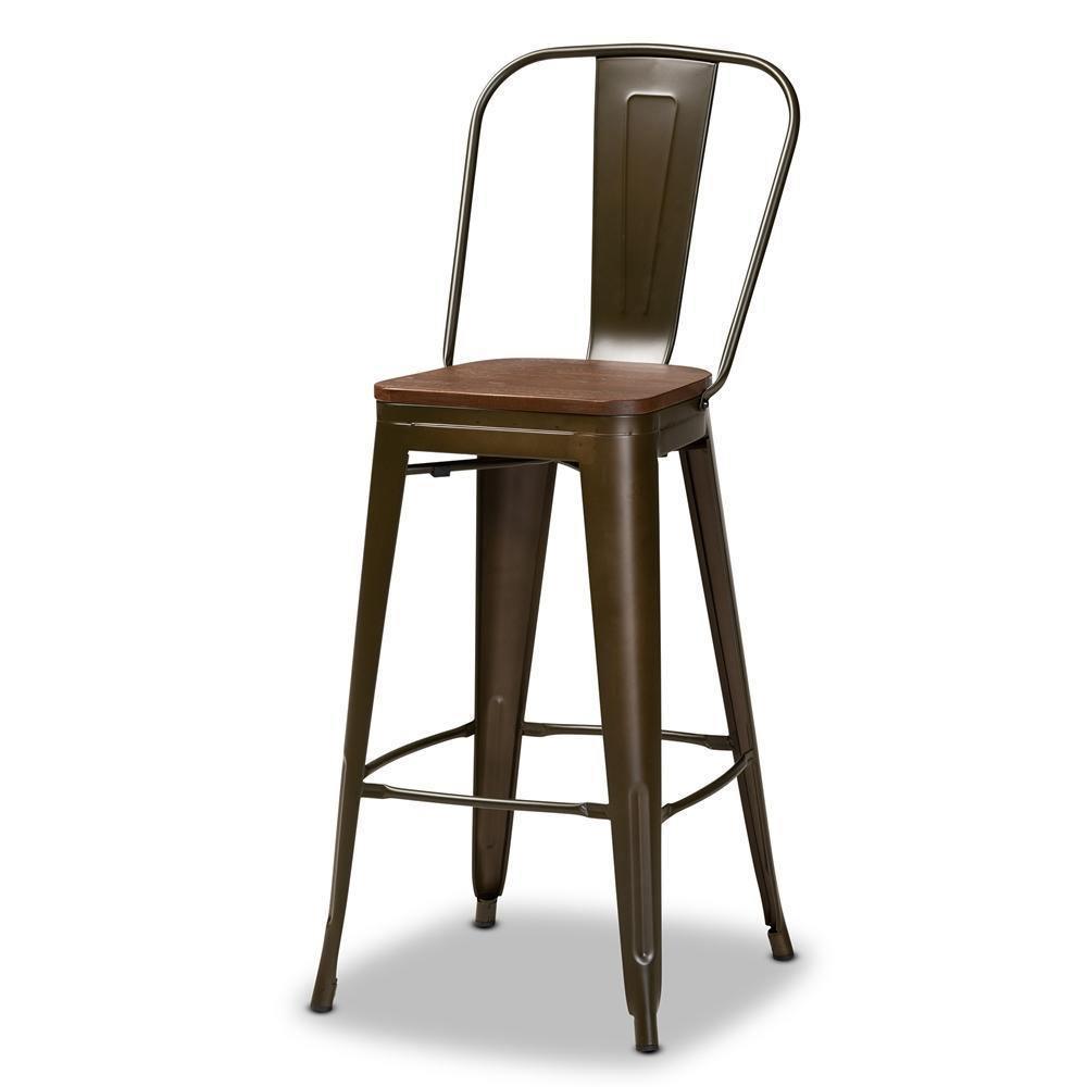 Modern Industrial Brown Metal and Walnut Brown Finished Wood 4-Piece Bar Stool Set FredCo