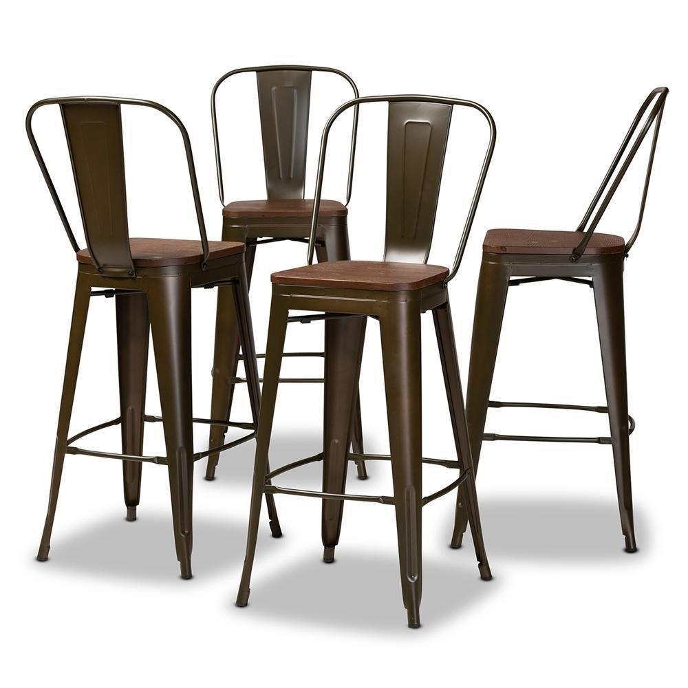 Modern Industrial Brown Metal and Walnut Brown Finished Wood 4-Piece Bar Stool Set FredCo