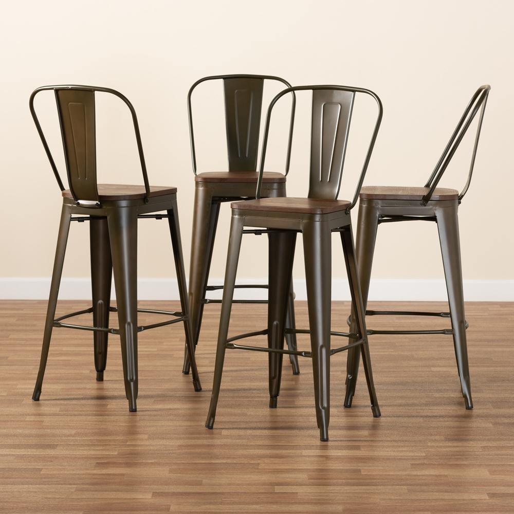 Modern Industrial Brown Metal and Walnut Brown Finished Wood 4-Piece Bar Stool Set FredCo