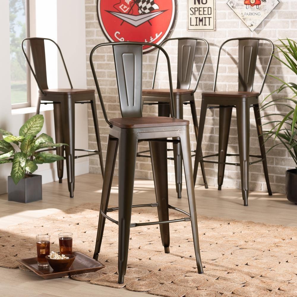 Modern Industrial Brown Metal and Walnut Brown Finished Wood 4-Piece Bar Stool Set FredCo