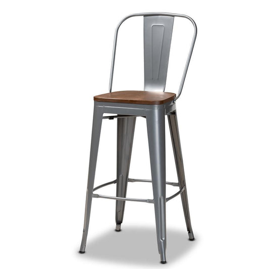 Modern Industrial Grey Metal and Walnut Brown Finished Wood 4-Piece Bar Stool Set FredCo