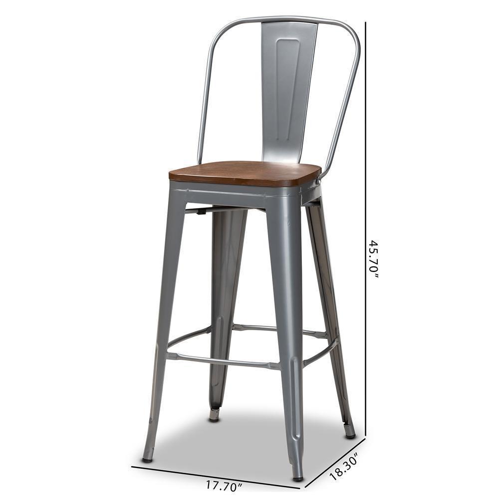 Modern Industrial Grey Metal and Walnut Brown Finished Wood 4-Piece Bar Stool Set FredCo