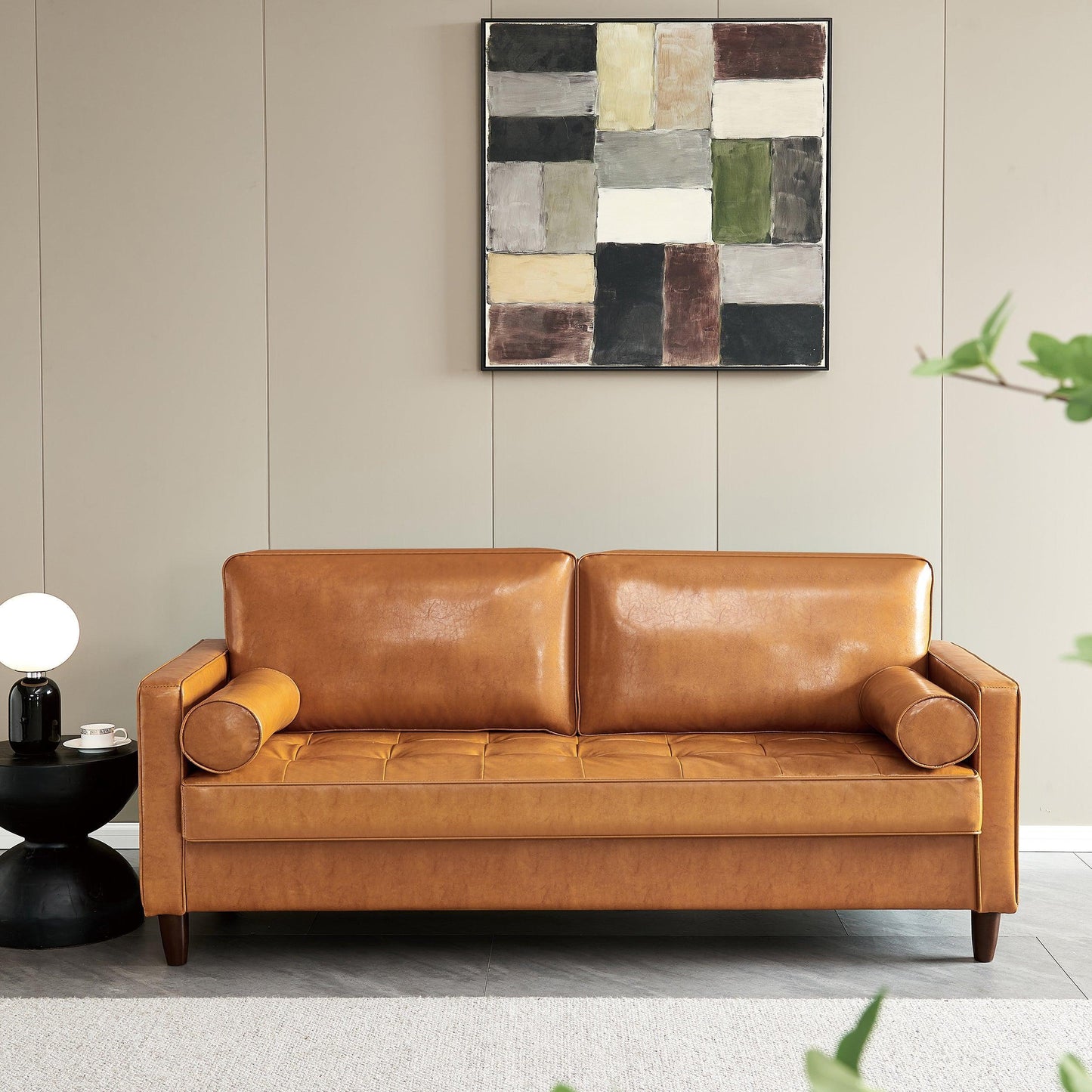 Modern Mid-Century Vegan Leather Sofa （Mocha） FredCo