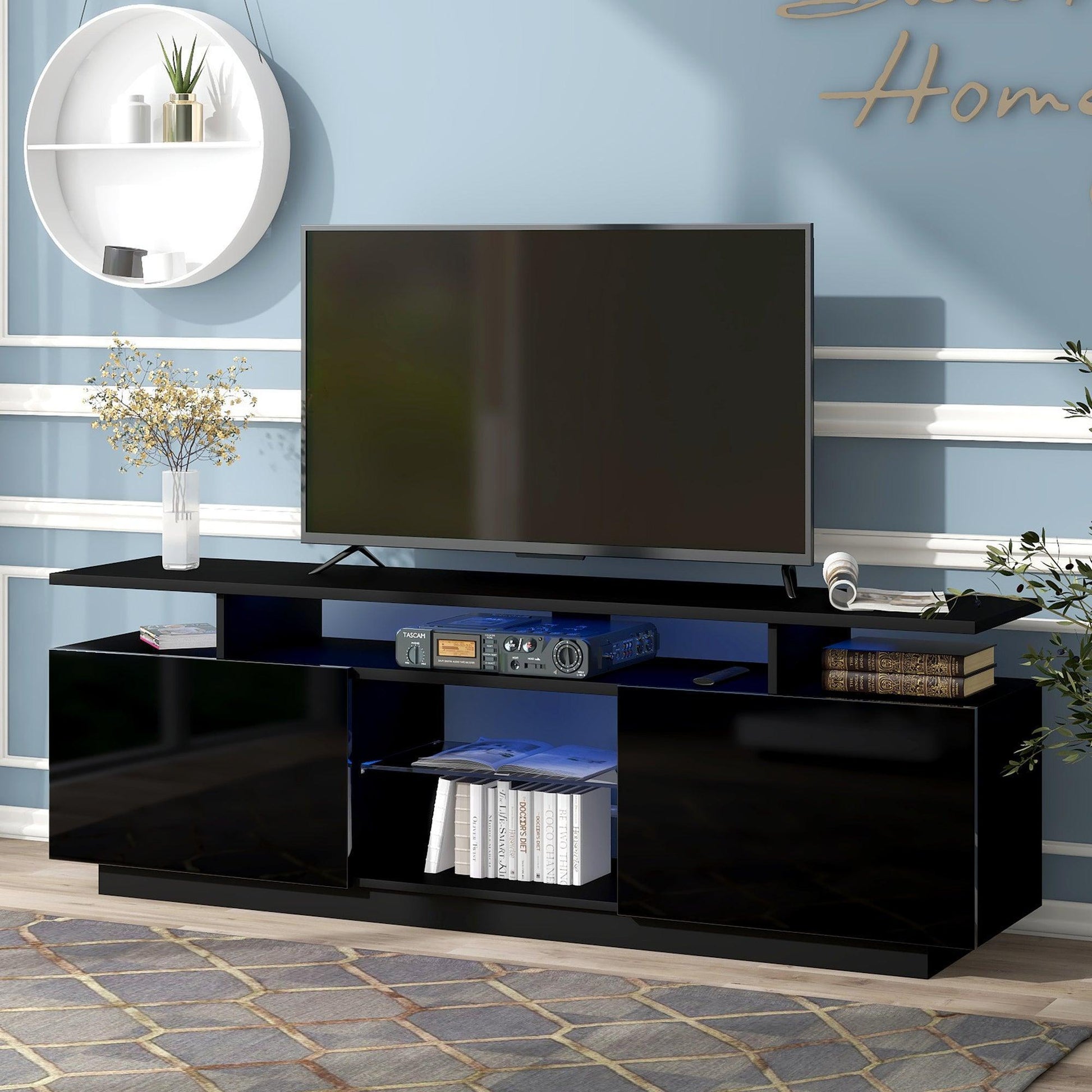 Modern TV Stand for TVs up to 65inches with LED lights, WF280706AAB) FredCo