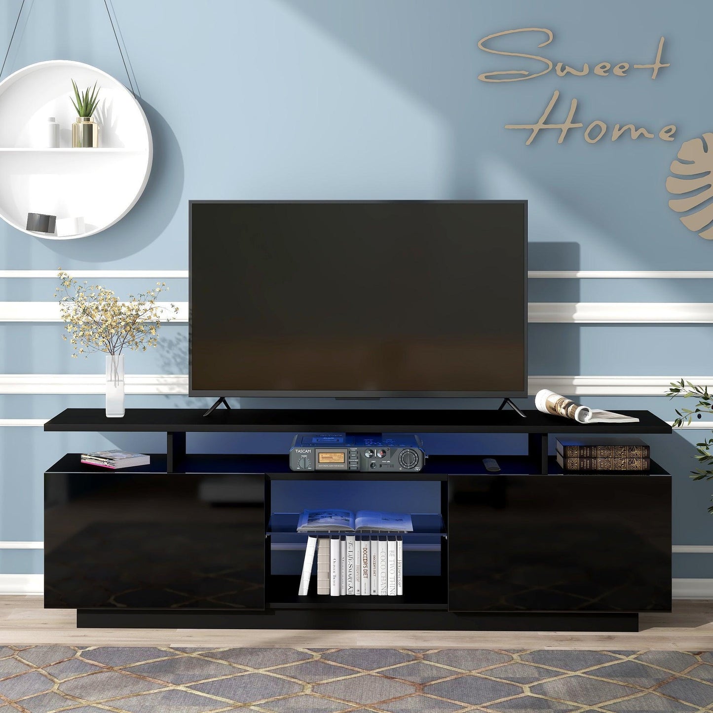 Modern TV Stand for TVs up to 65inches with LED lights, WF280706AAB) FredCo