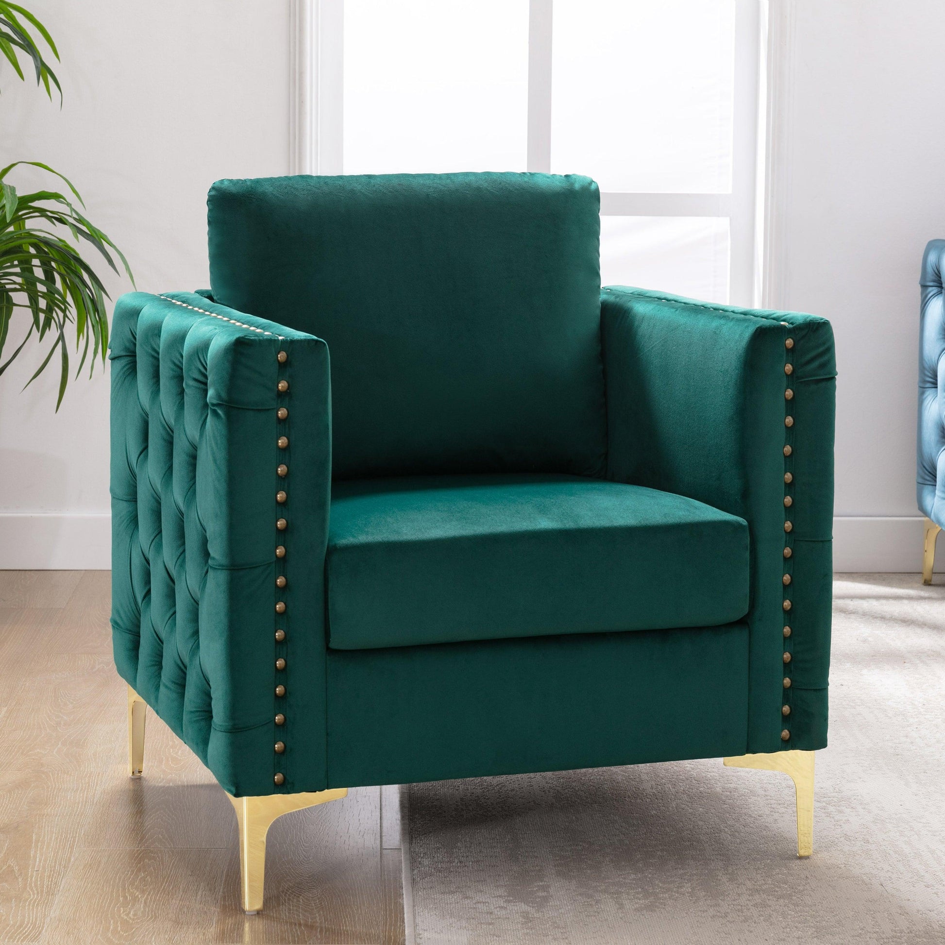 Modern Velvet Armchair Tufted Button Accent Chair Green FredCo