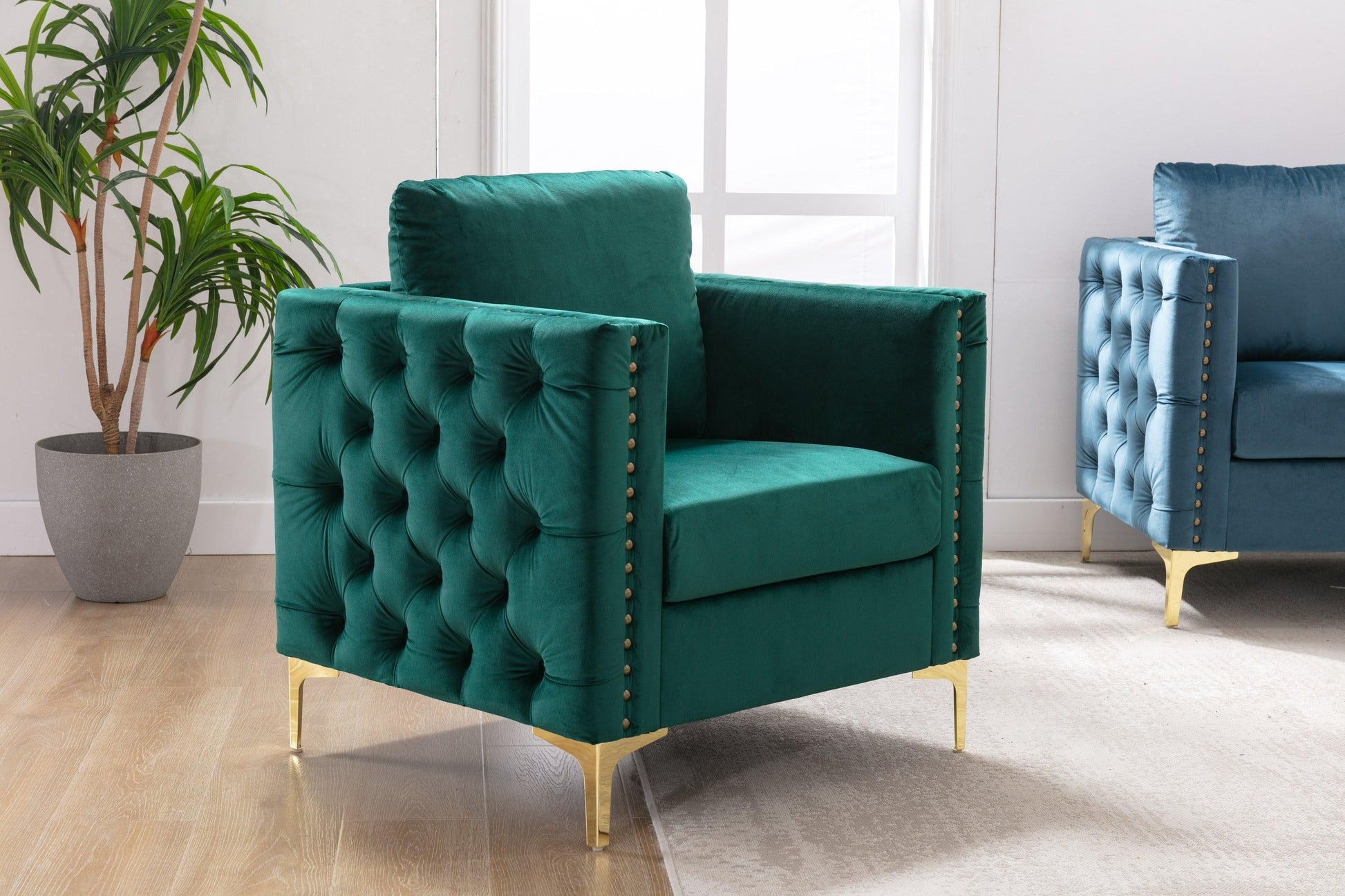 Modern Velvet Armchair Tufted Button Accent Chair Green FredCo