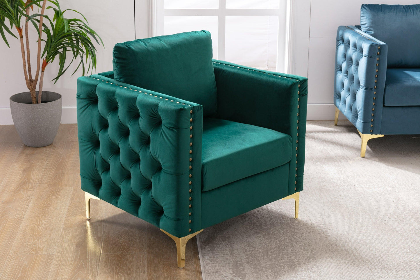 Modern Velvet Armchair Tufted Button Accent Chair Green FredCo