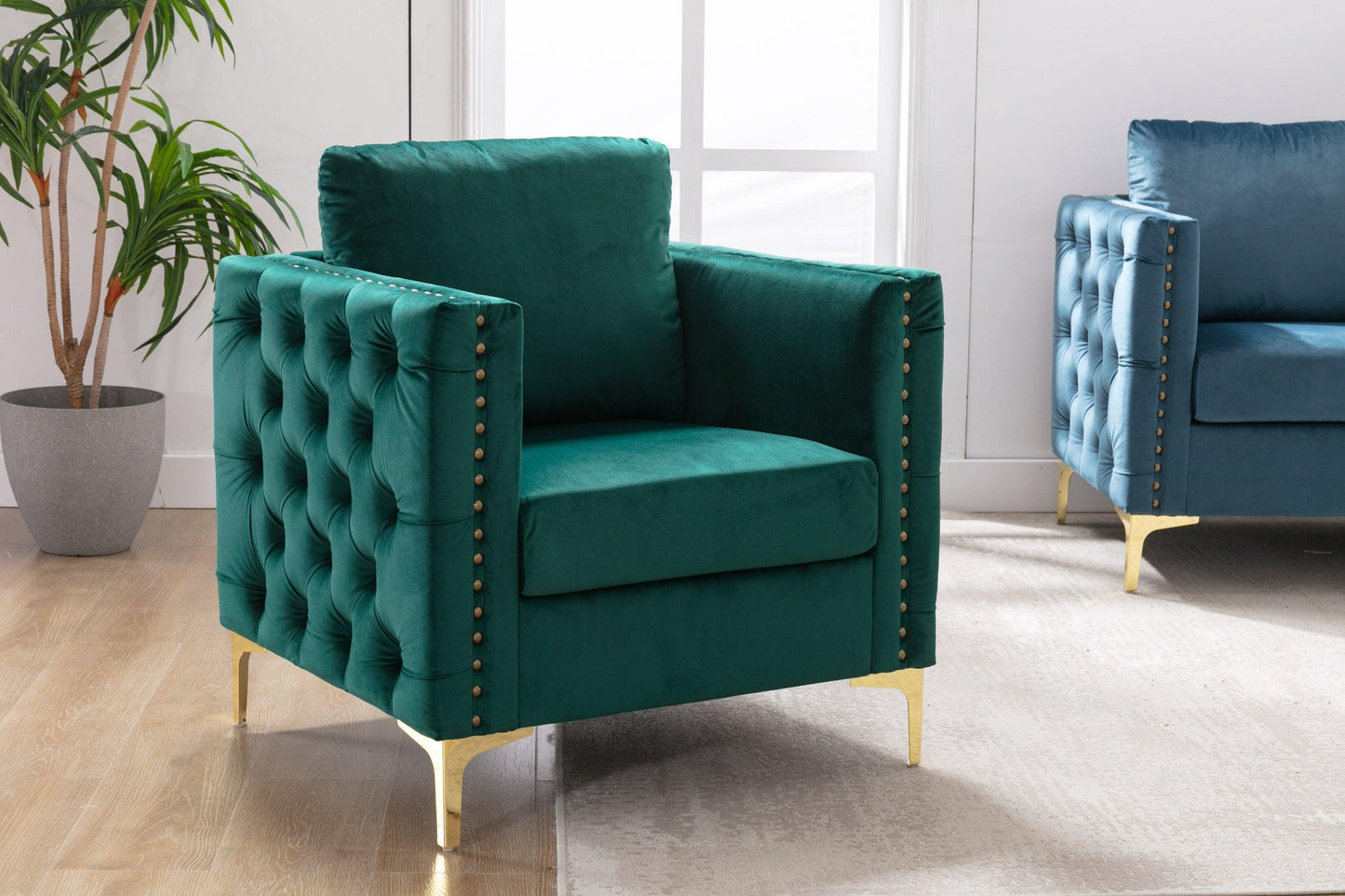 Modern Velvet Armchair Tufted Button Accent Chair Green FredCo