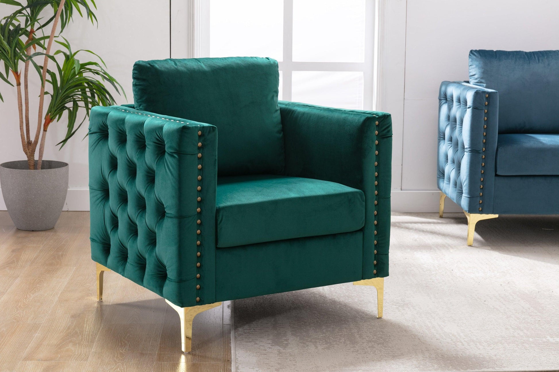 Modern Velvet Armchair Tufted Button Accent Chair Green FredCo