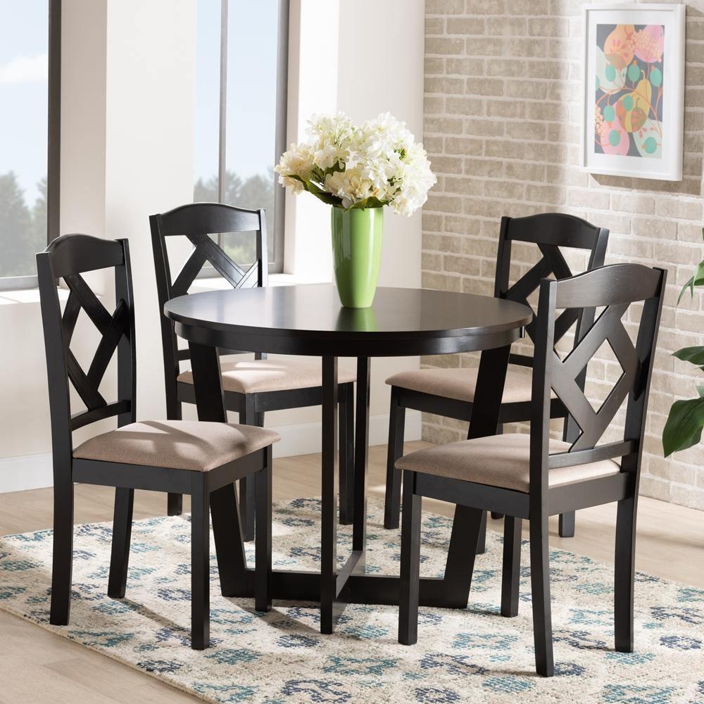 Morigan Sand Fabric Upholstered and Dark Brown Finished Wood 5-Piece Dining Set FredCo