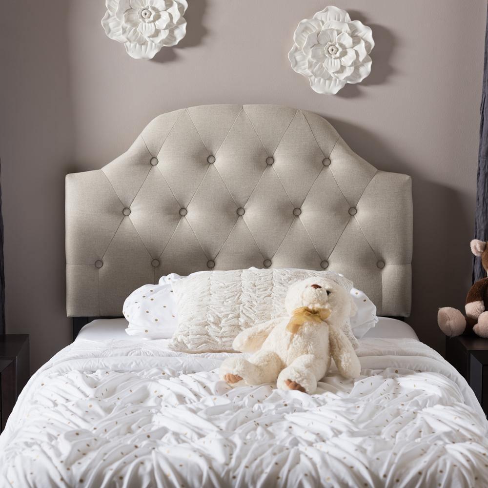 Morris Modern and Contemporary Light Beige Fabric Upholstered Button-Tufted Scalloped Twin Size Headboard FredCo