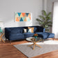 Morton Mid-Century Modern Contemporary Navy Blue Velvet Fabric Upholstered and Dark Brown Finished Wood Sectional Sofa with Chaise FredCo