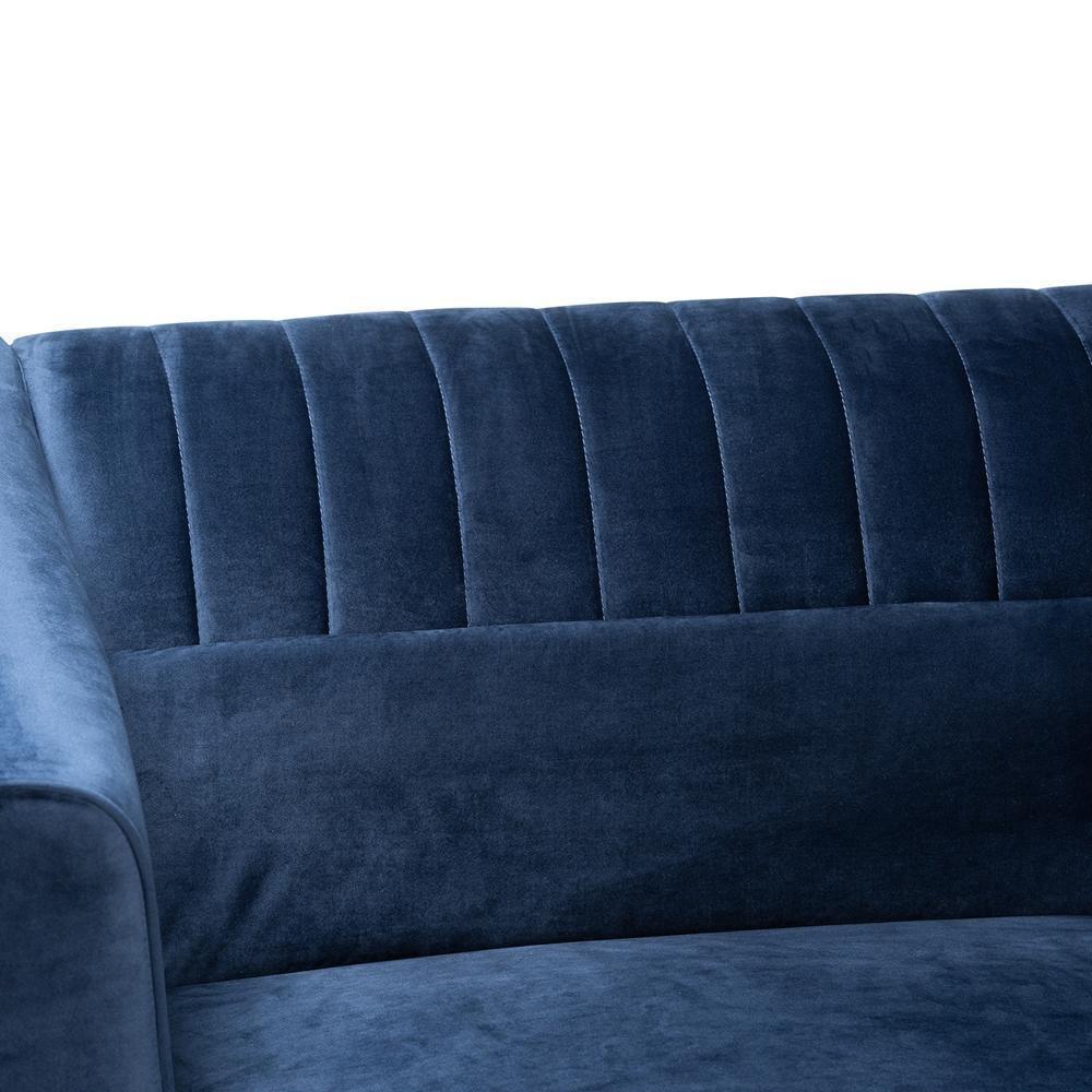 Morton Mid-Century Modern Contemporary Navy Blue Velvet Fabric Upholstered and Dark Brown Finished Wood Sectional Sofa with Chaise FredCo