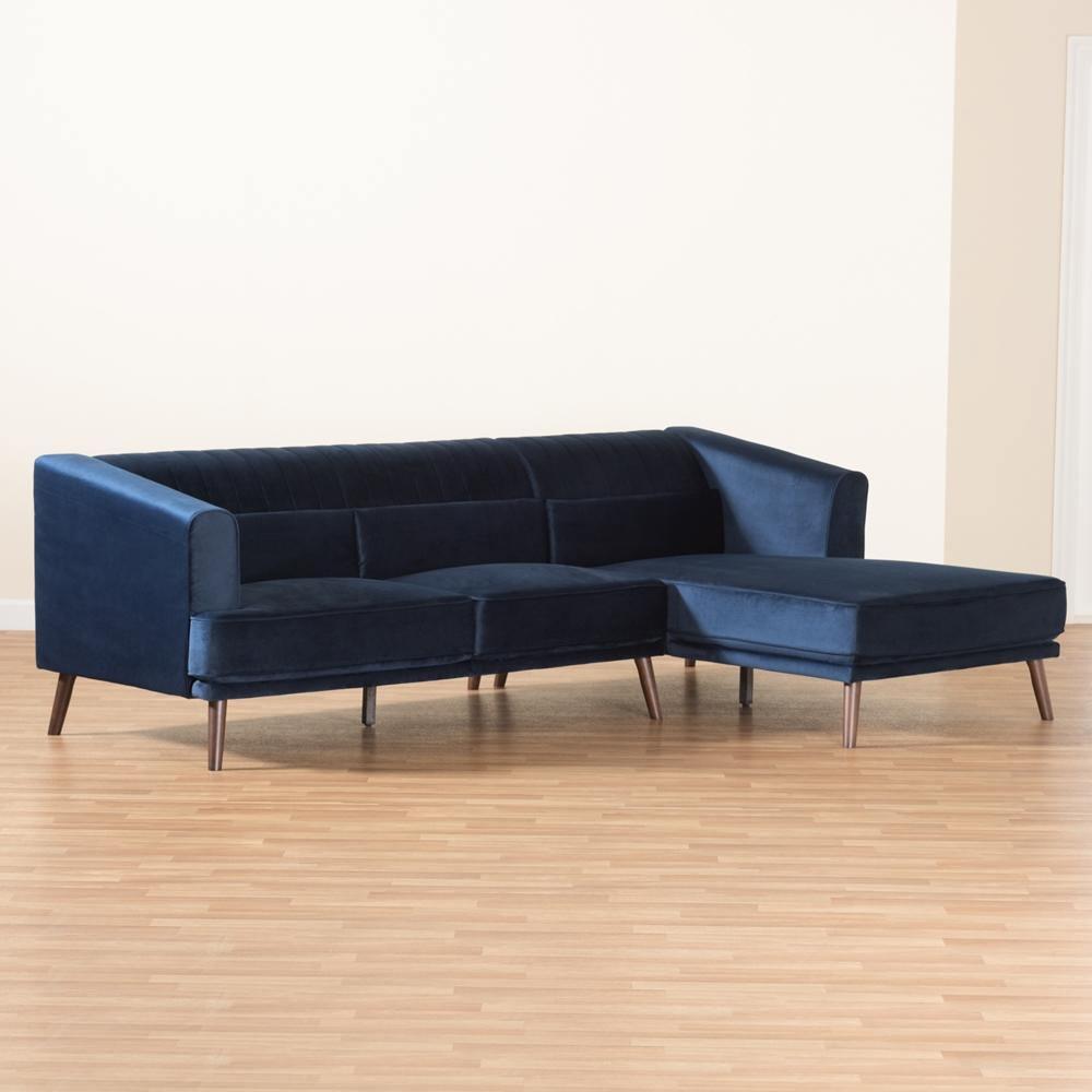 Morton Mid-Century Modern Contemporary Navy Blue Velvet Fabric Upholstered and Dark Brown Finished Wood Sectional Sofa with Chaise FredCo
