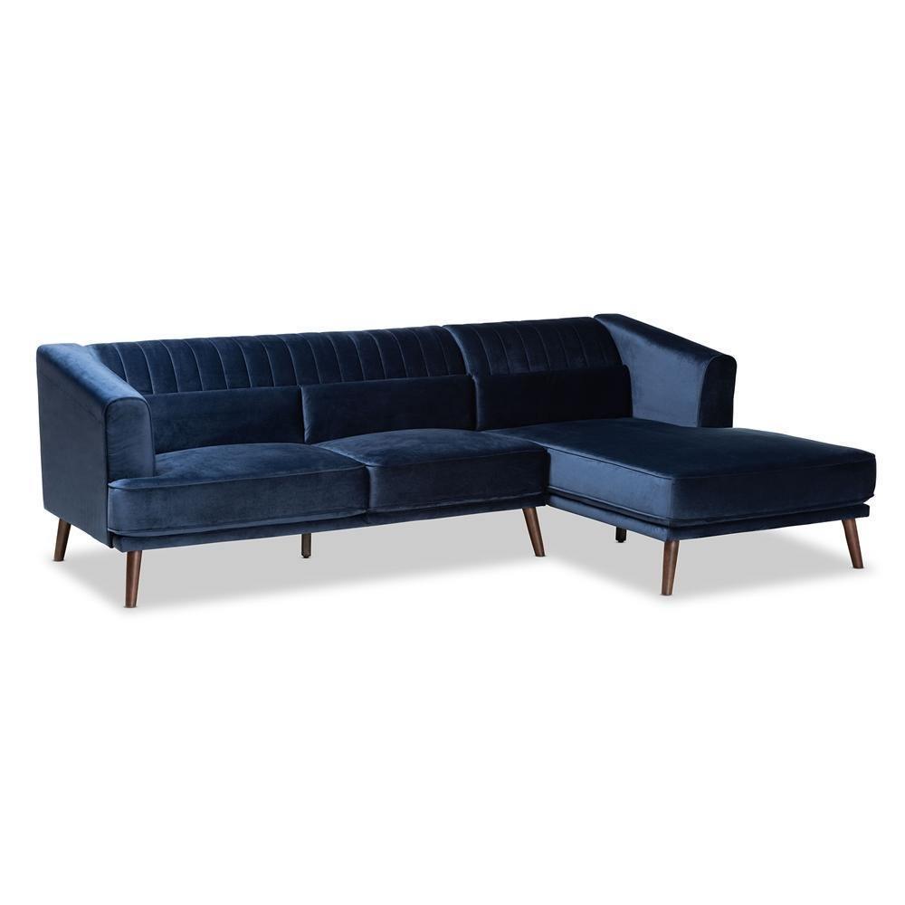 Morton Mid-Century Modern Contemporary Navy Blue Velvet Fabric Upholstered and Dark Brown Finished Wood Sectional Sofa with Chaise FredCo
