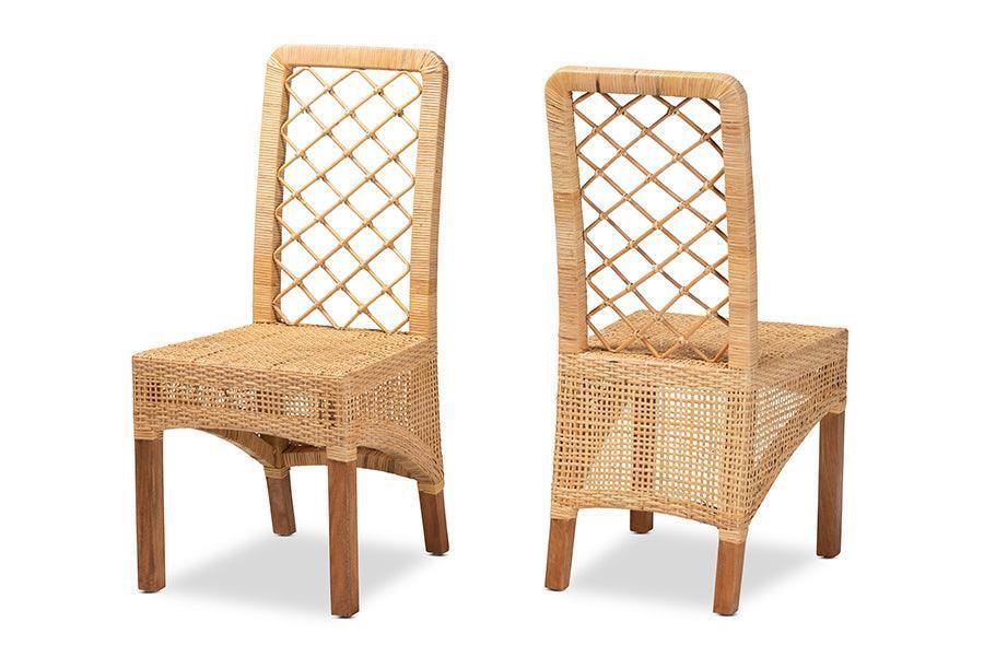 Moscow Modern Bohemian Natural Brown Rattan and Walnut Brown Finished Wood 2-Piece Dining Chair Set FredCo