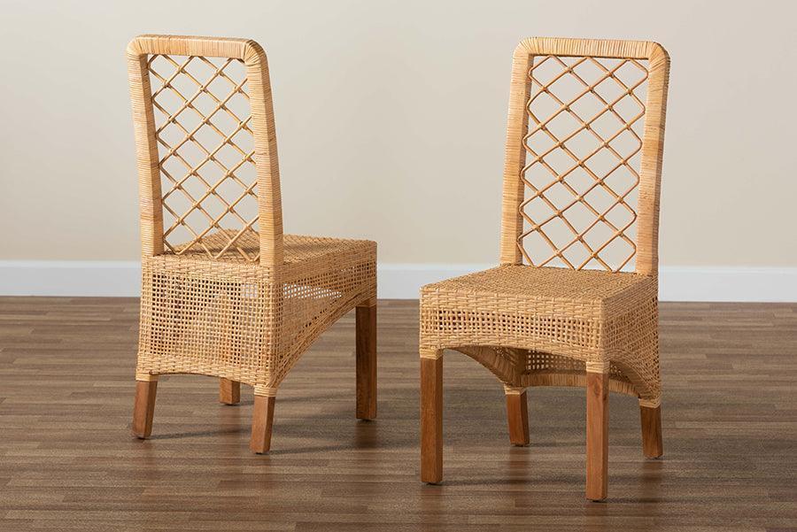 Moscow Modern Bohemian Natural Brown Rattan and Walnut Brown Finished Wood 2-Piece Dining Chair Set FredCo