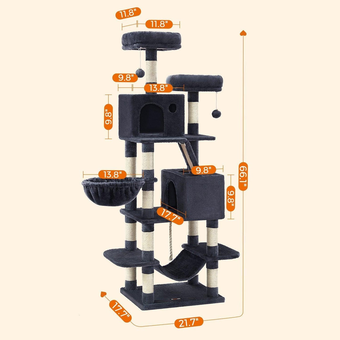 Multi-Level Plush Cat Tree, 66 Inch Smoky Gray FredCo