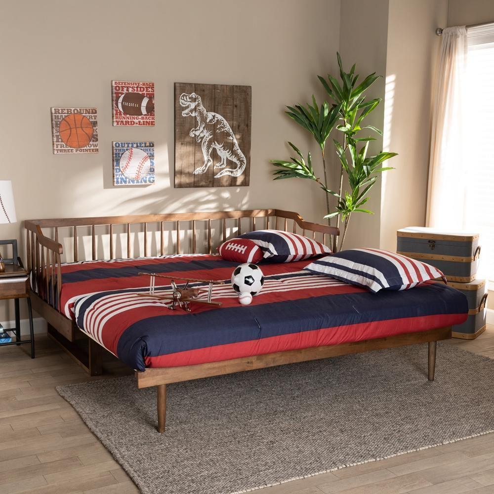 Muriel Modern and Transitional Walnut Brown Finished Wood Expandable Twin Size to King Size Spindle Daybed FredCo