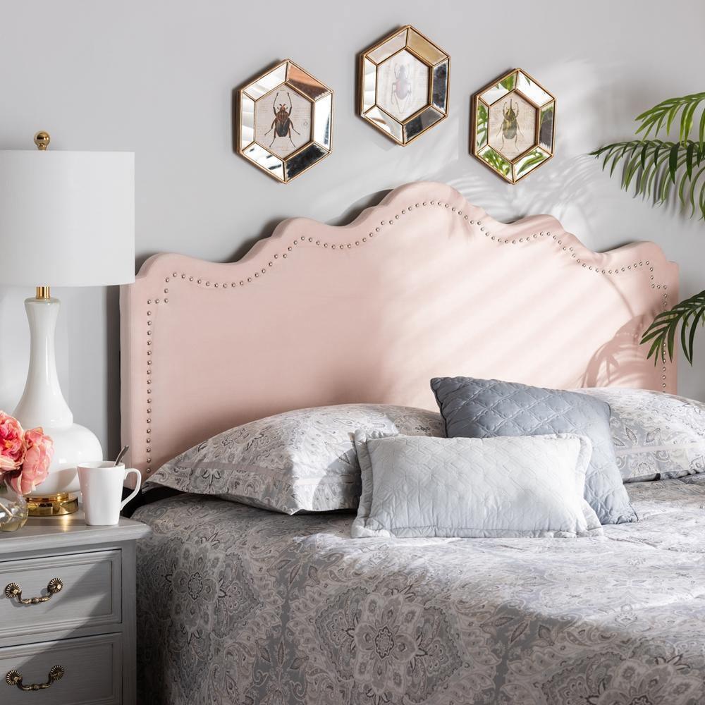 Nadeen Modern and Contemporary Light Pink Velvet Fabric Upholstered Full Size Headboard FredCo