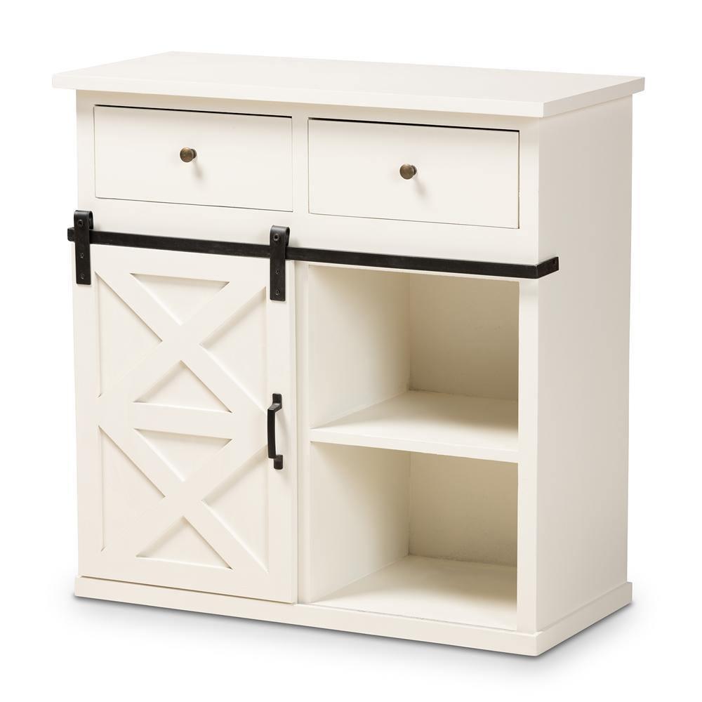 Nadia Modern and Contemporary Farmhouse White Finished Wood and Black Metal 2-Door Sideboard Buffet FredCo
