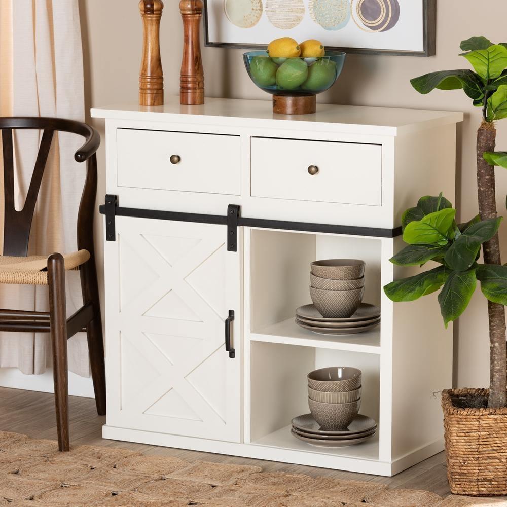 Nadia Modern and Contemporary Farmhouse White Finished Wood and Black Metal 2-Door Sideboard Buffet FredCo