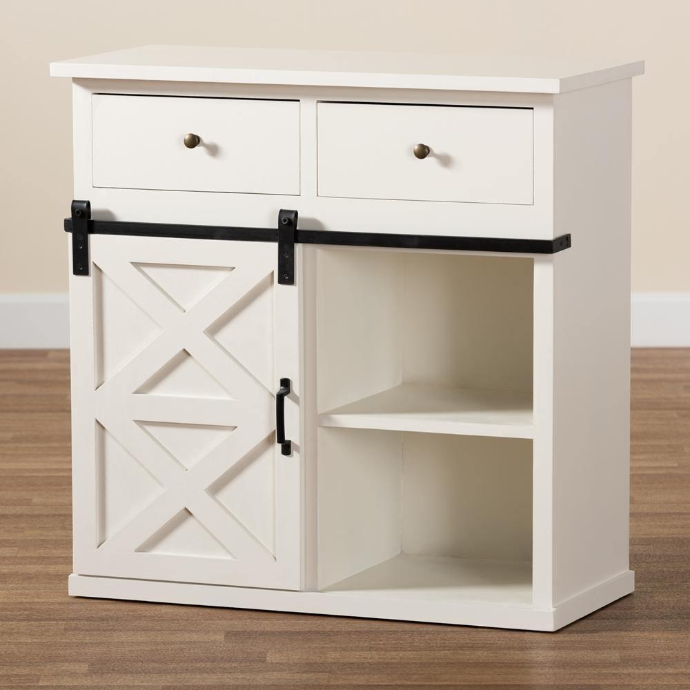 Nadia Modern and Contemporary Farmhouse White Finished Wood and Black Metal 2-Door Sideboard Buffet FredCo