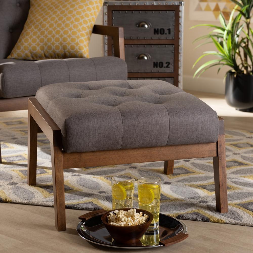 Naeva Mid-Century Modern Grey Fabric Upholstered Walnut Finished Wood Footstool FredCo