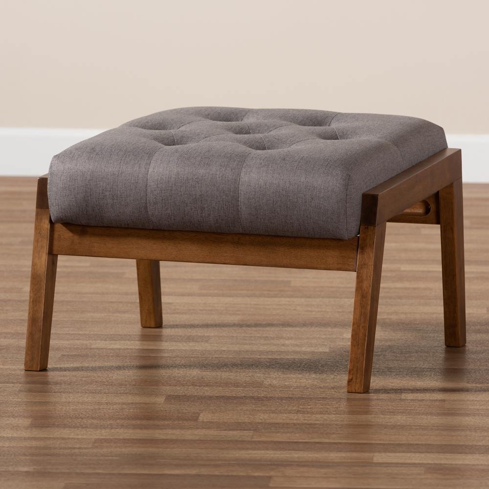 Naeva Mid-Century Modern Grey Fabric Upholstered Walnut Finished Wood Footstool FredCo