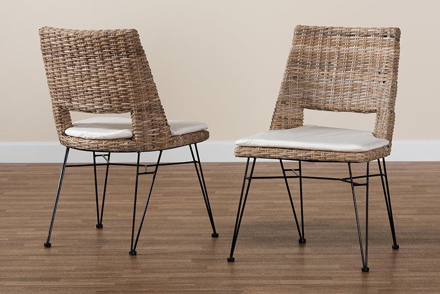 Nafaro Modern Bohemian Grey Natural Rattan Metal Dining Chair with Cushion 2-Piece Set FredCo