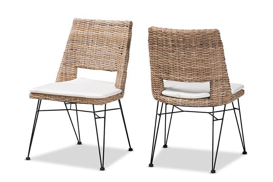 Nafaro Modern Bohemian Grey Natural Rattan Metal Dining Chair with Cushion 2-Piece Set FredCo