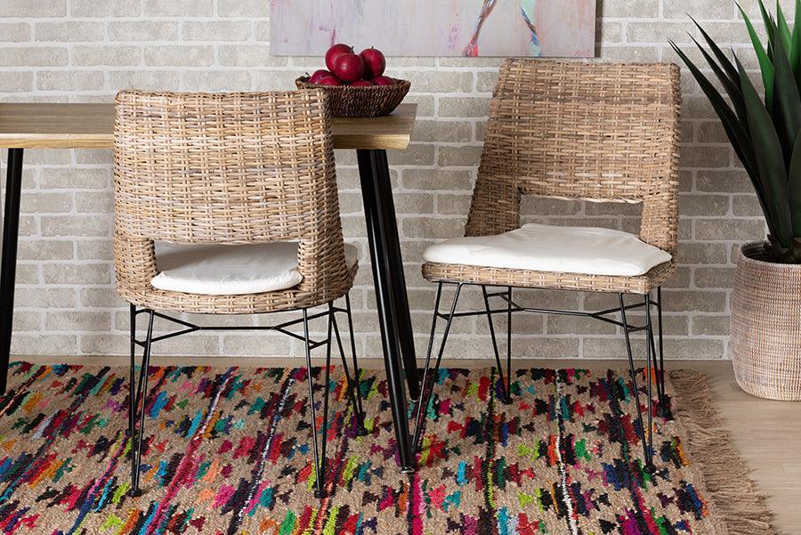 Nafaro Modern Bohemian Grey Natural Rattan Metal Dining Chair with Cushion 2-Piece Set FredCo