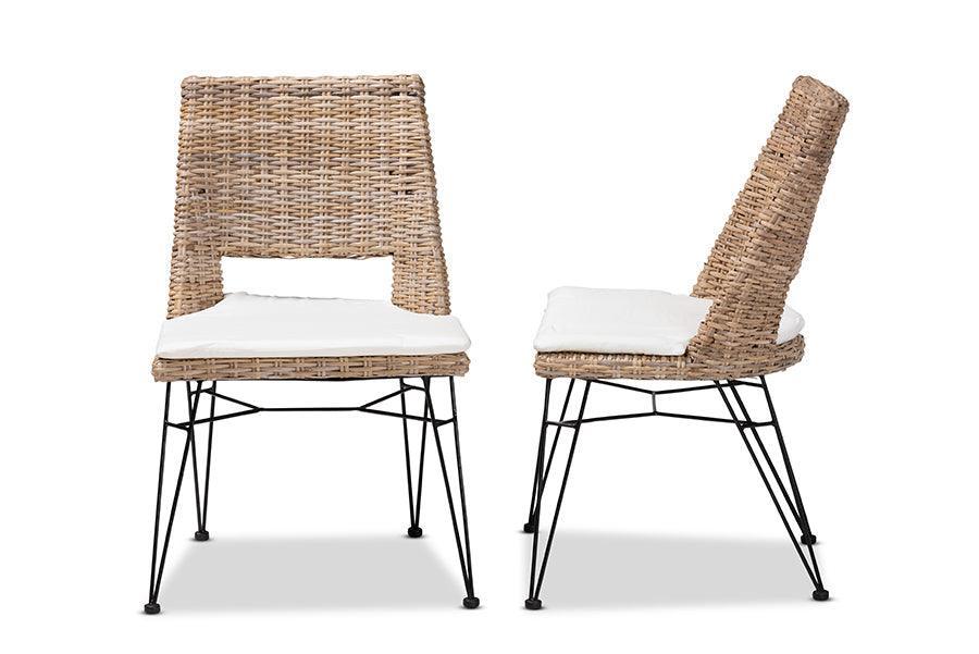 Nafaro Modern Bohemian Grey Natural Rattan Metal Dining Chair with Cushion 2-Piece Set FredCo