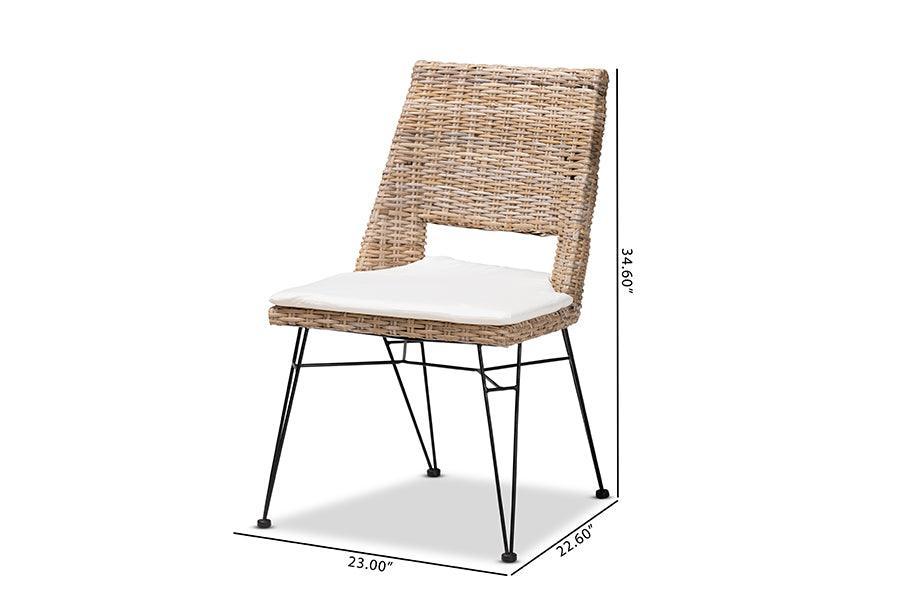 Nafaro Modern Bohemian Grey Natural Rattan Metal Dining Chair with Cushion 2-Piece Set FredCo