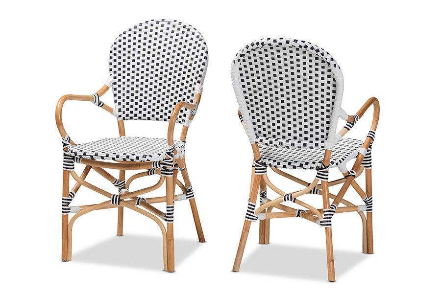 Naila Classic French Black and White Weaving and Natural Brown Rattan 2-Piece Dining Chair Set FredCo