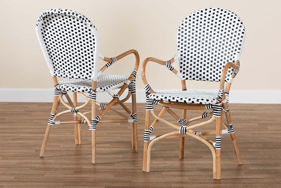 Naila Classic French Black and White Weaving and Natural Brown Rattan 2-Piece Dining Chair Set FredCo