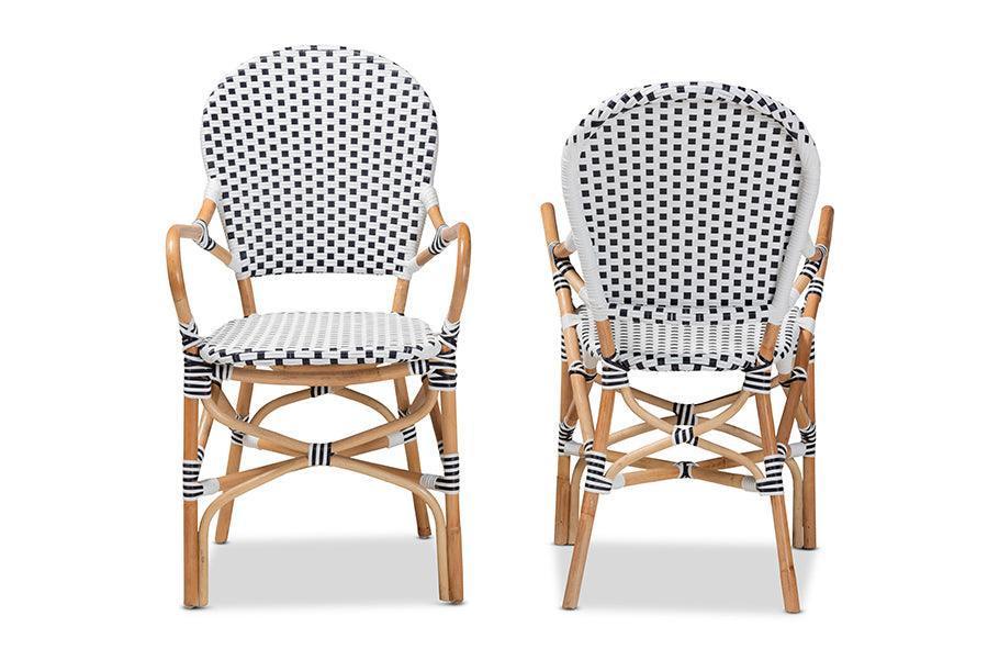 Naila Classic French Black and White Weaving and Natural Brown Rattan 2-Piece Dining Chair Set FredCo