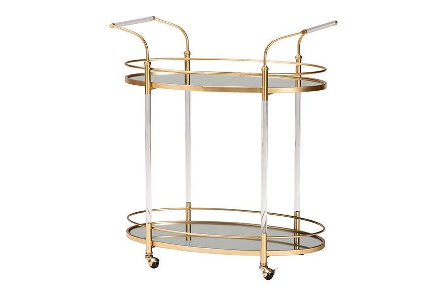Nakano Contemporary Glam and Luxe Gold Metal and Mirrored Glass 2-Tier Wine Cart FredCo