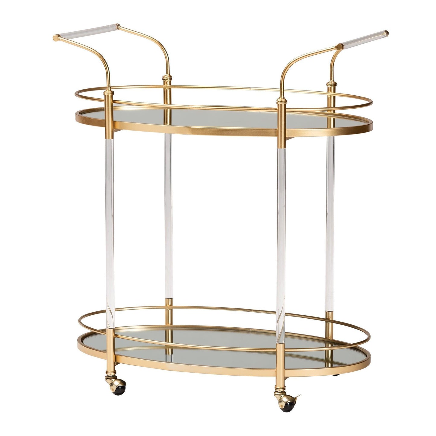 Nakano Contemporary Glam and Luxe Gold Metal and Mirrored Glass 2-Tier Wine Cart FredCo
