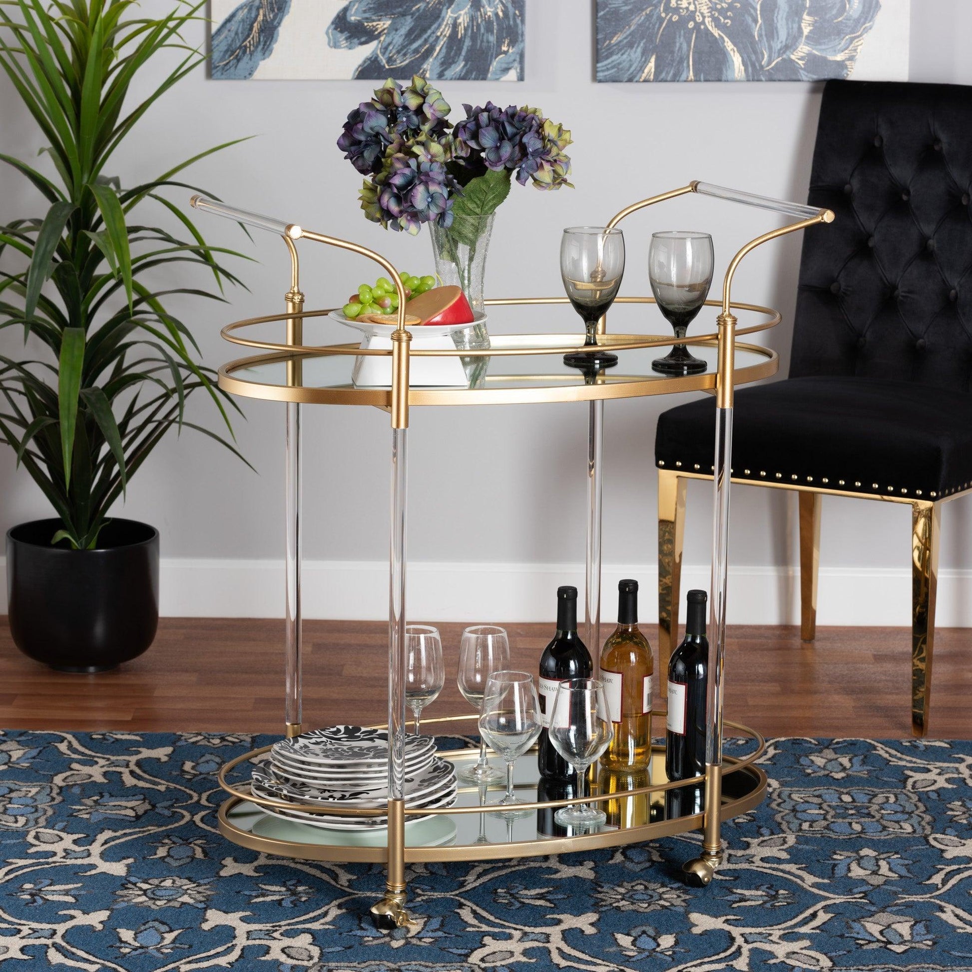 Nakano Contemporary Glam and Luxe Gold Metal and Mirrored Glass 2-Tier Wine Cart FredCo