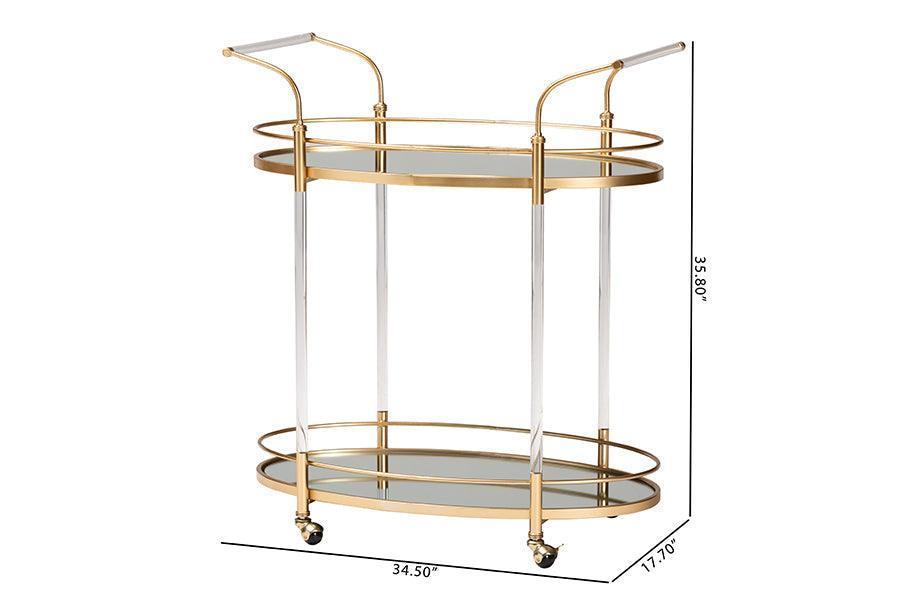 Nakano Contemporary Glam and Luxe Gold Metal and Mirrored Glass 2-Tier Wine Cart FredCo