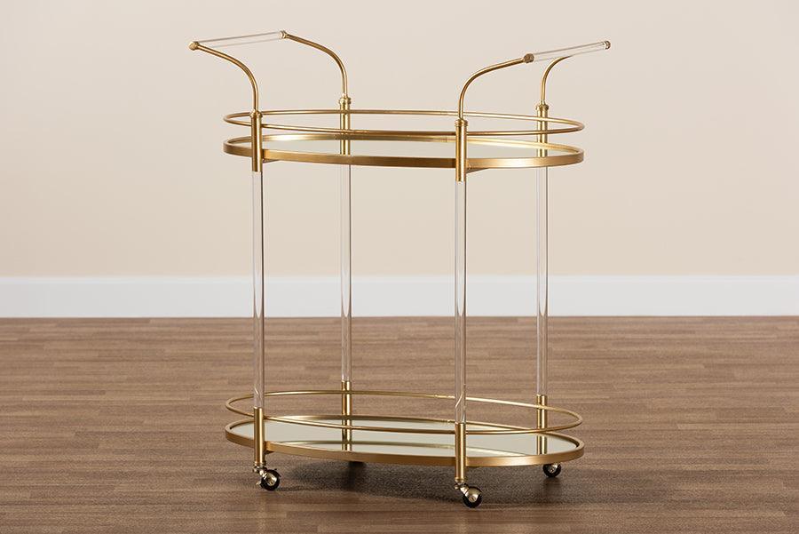 Nakano Contemporary Glam and Luxe Gold Metal and Mirrored Glass 2-Tier Wine Cart FredCo