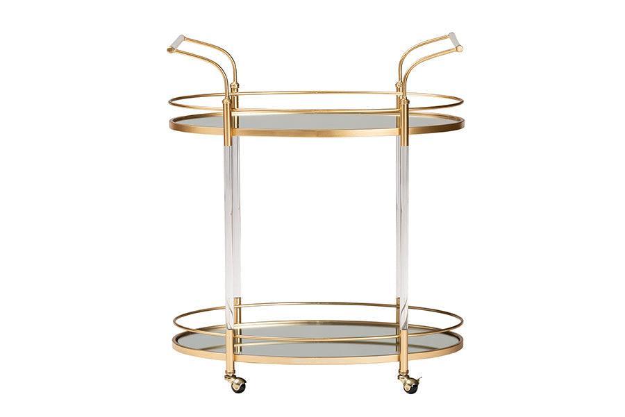 Nakano Contemporary Glam and Luxe Gold Metal and Mirrored Glass 2-Tier Wine Cart FredCo