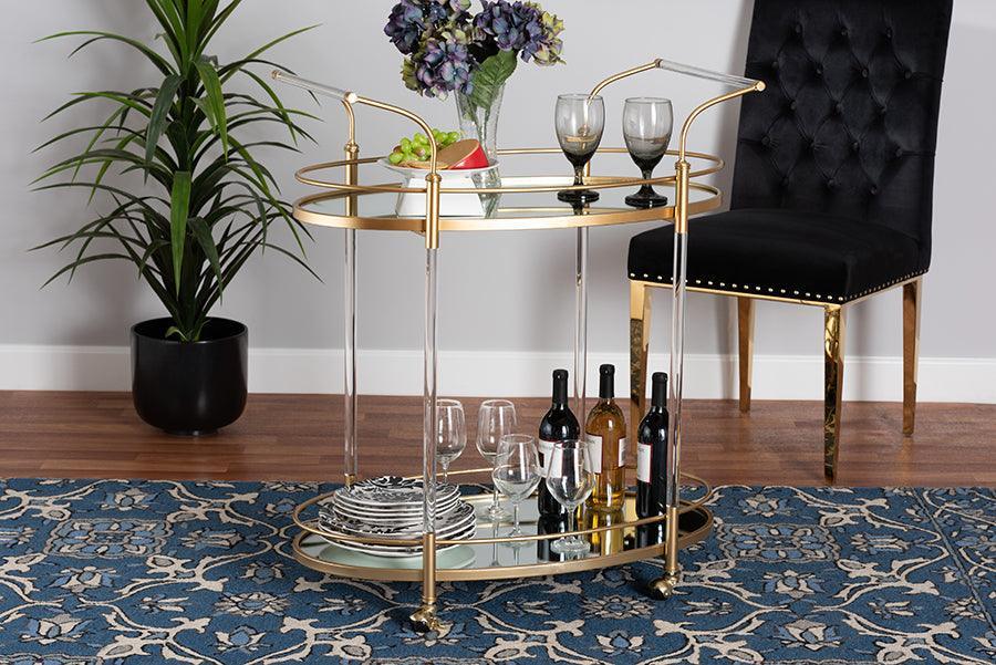 Nakano Contemporary Glam and Luxe Gold Metal and Mirrored Glass 2-Tier Wine Cart FredCo