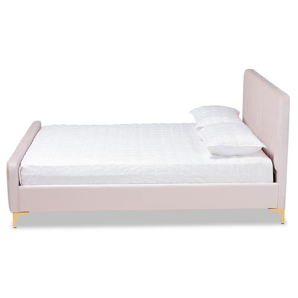 Nami Modern Contemporary Glam and Luxe Light Pink Velvet Fabric Upholstered and Gold Finished King Size Platform Bed FredCo